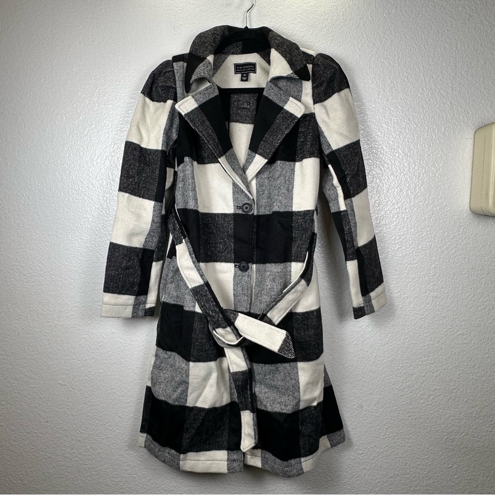 G by Giuliana Black and White Checkered Wool‎ Blend Trench Coat
